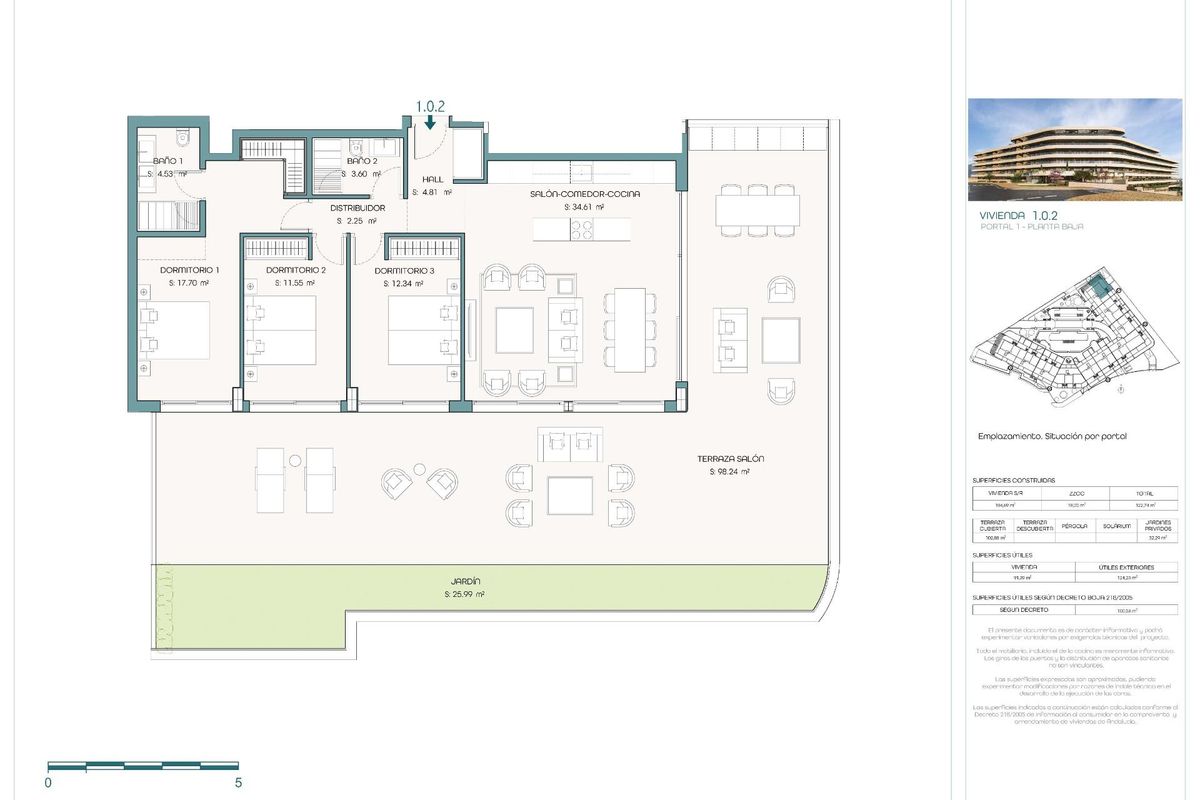 Gedetailleerde plattegrond van een 3-kamer appartement in Estepona, met weergave van indeling en ruimte.