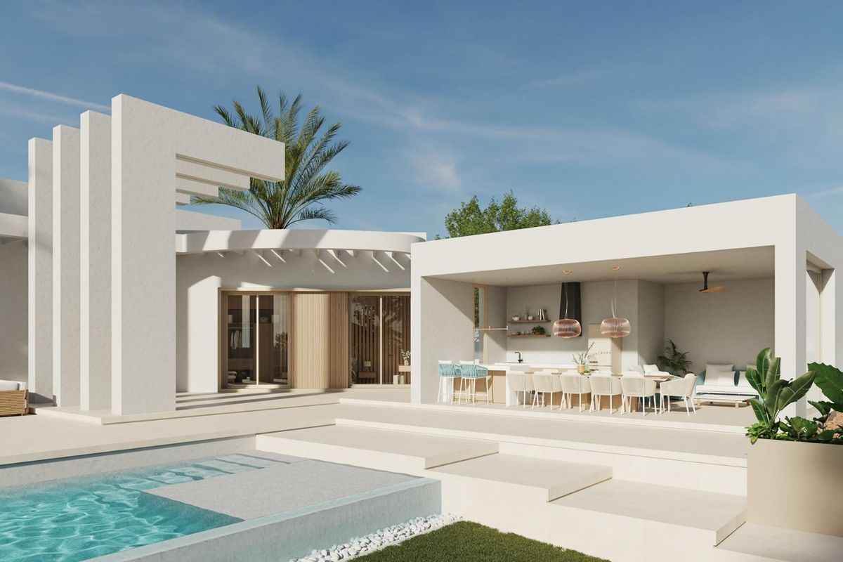 Details van het eetgedeelte buiten naast het zwembad bij de 4-slaapkamer villa in Algorfa, Costa Blanca Zuid.