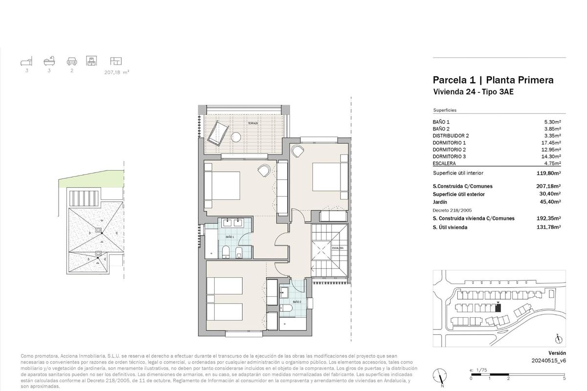 Indeling van de tweede verdieping van een 3-slaapkamer townhouse in Marbella, Costa del Sol, met slaapkamers en badkamers.