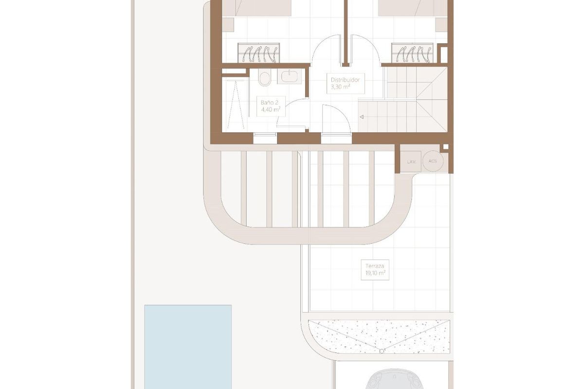 Indeling van de eerste verdieping van een 3-slaapkamer townhouse in Daya Nueva, Costa Blanca Zuid, met slaapkamers en badkamers.