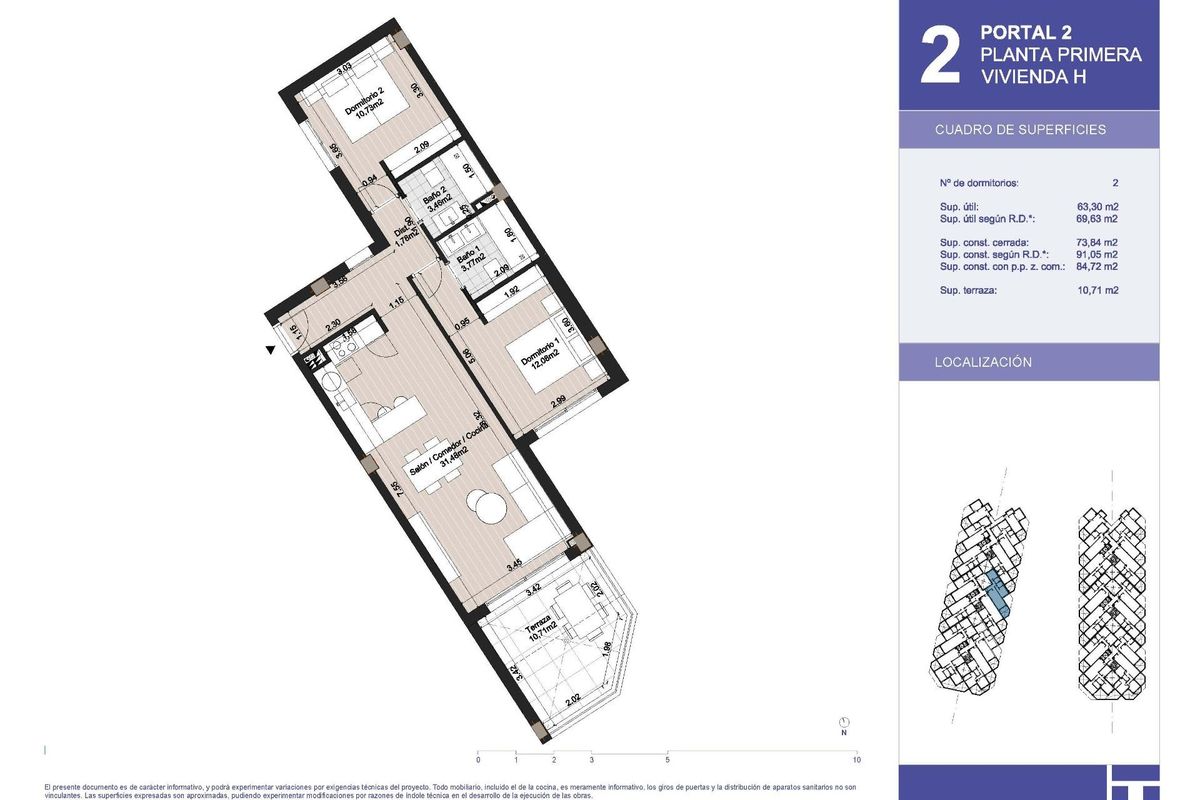 Plattegrond van een 2-slaapkamer appartement in Torrox, Costa del Sol, met indeling en afmetingen voor potentiële kopers.