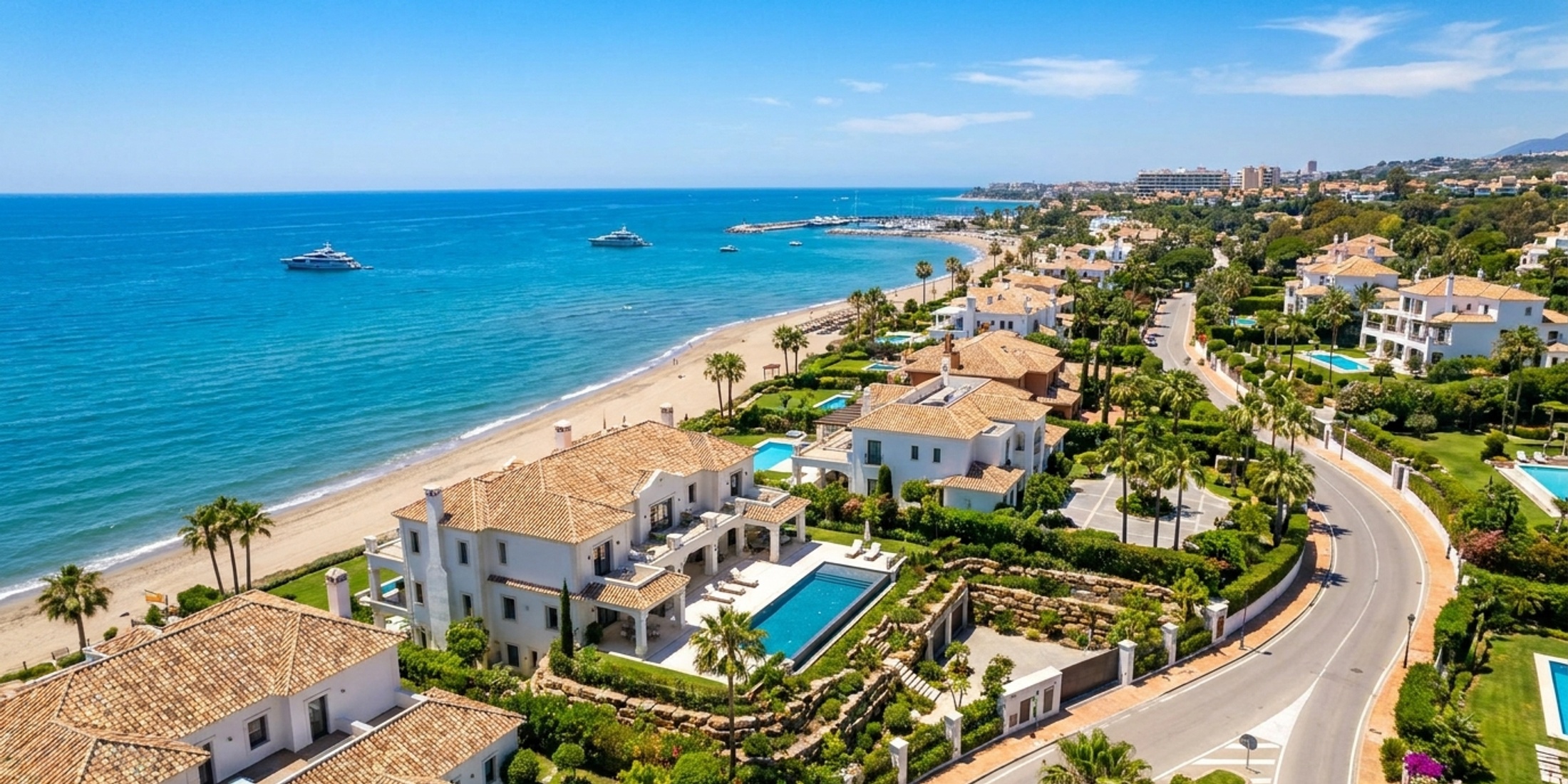 Aerial view of the Golden Mile coastline in Marbella showing luxury beachfront villas