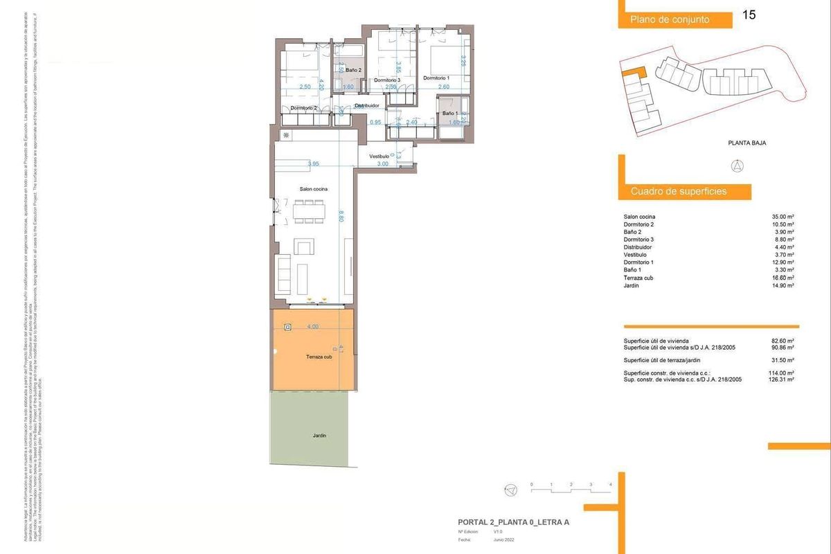 Gedetailleerde plattegrond van de indeling van een 3-kamerappartement in Mijas, Costa del Sol.