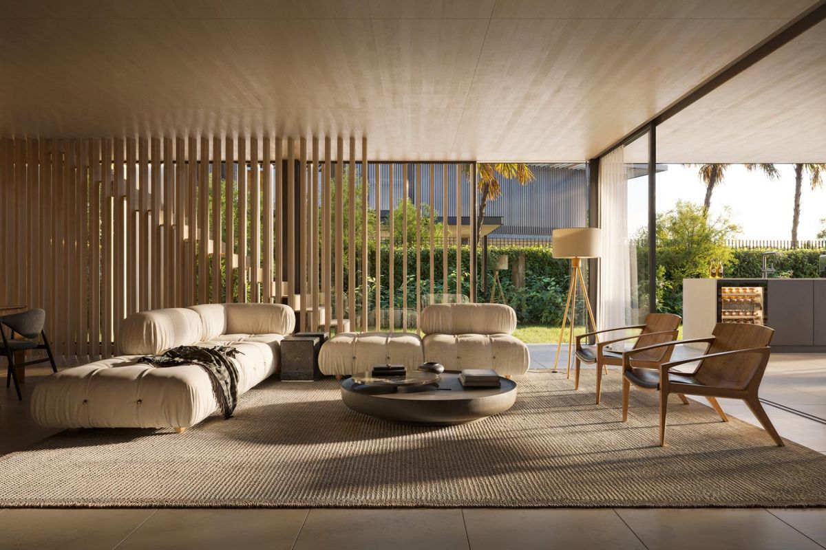 Ruime woonruimte met moderne meubels en natuurlijke tinten in de 4-slaapkamer villa in Marbella.