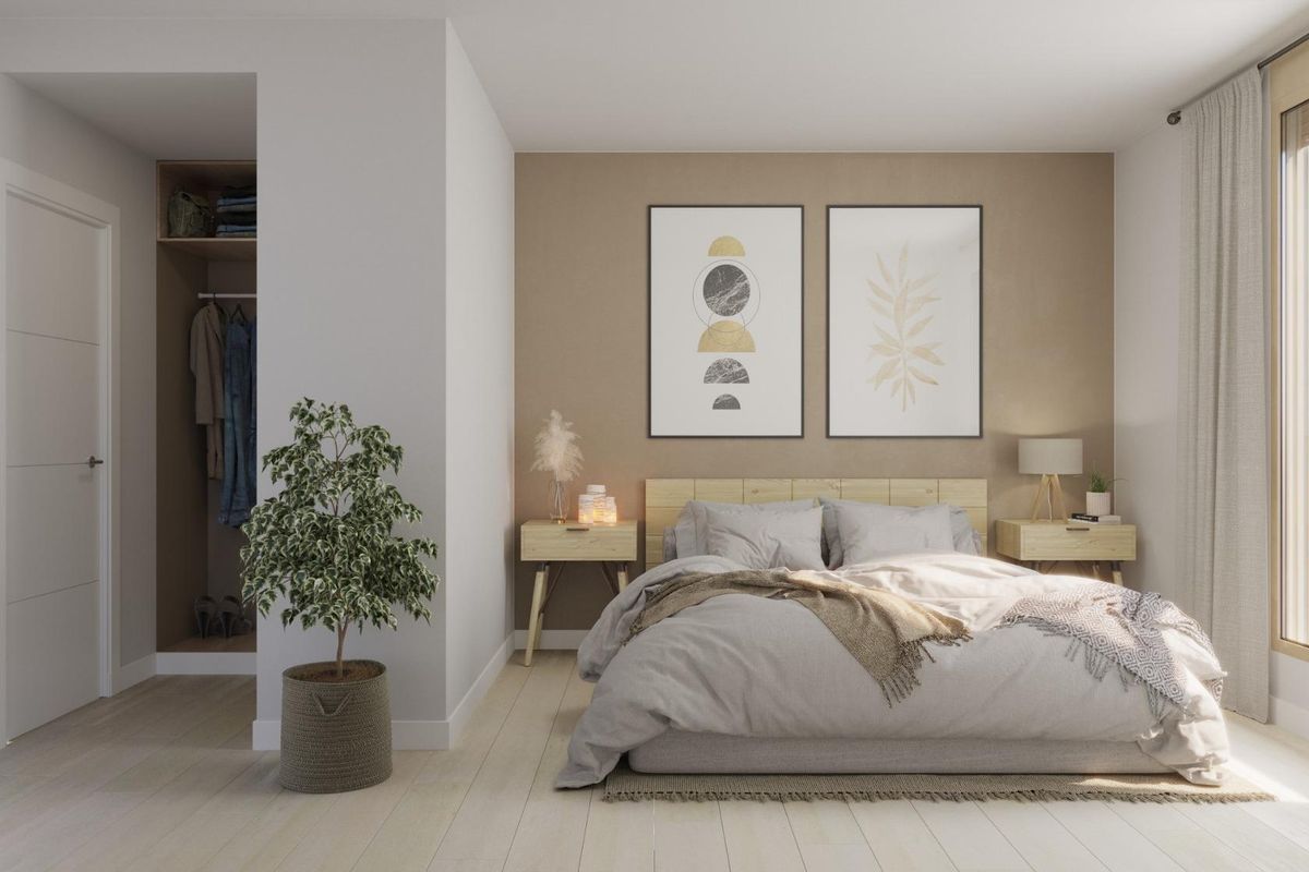 Gezellige slaapkamer in een appartement met 3 slaapkamers in Torremolinos met zachte kleuren en moderne decoratie.