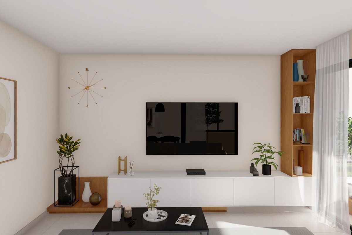 Stijlvolle woonkamer met tv-opstelling en smaakvolle decoratie in de villa in Baños y Mendigo.