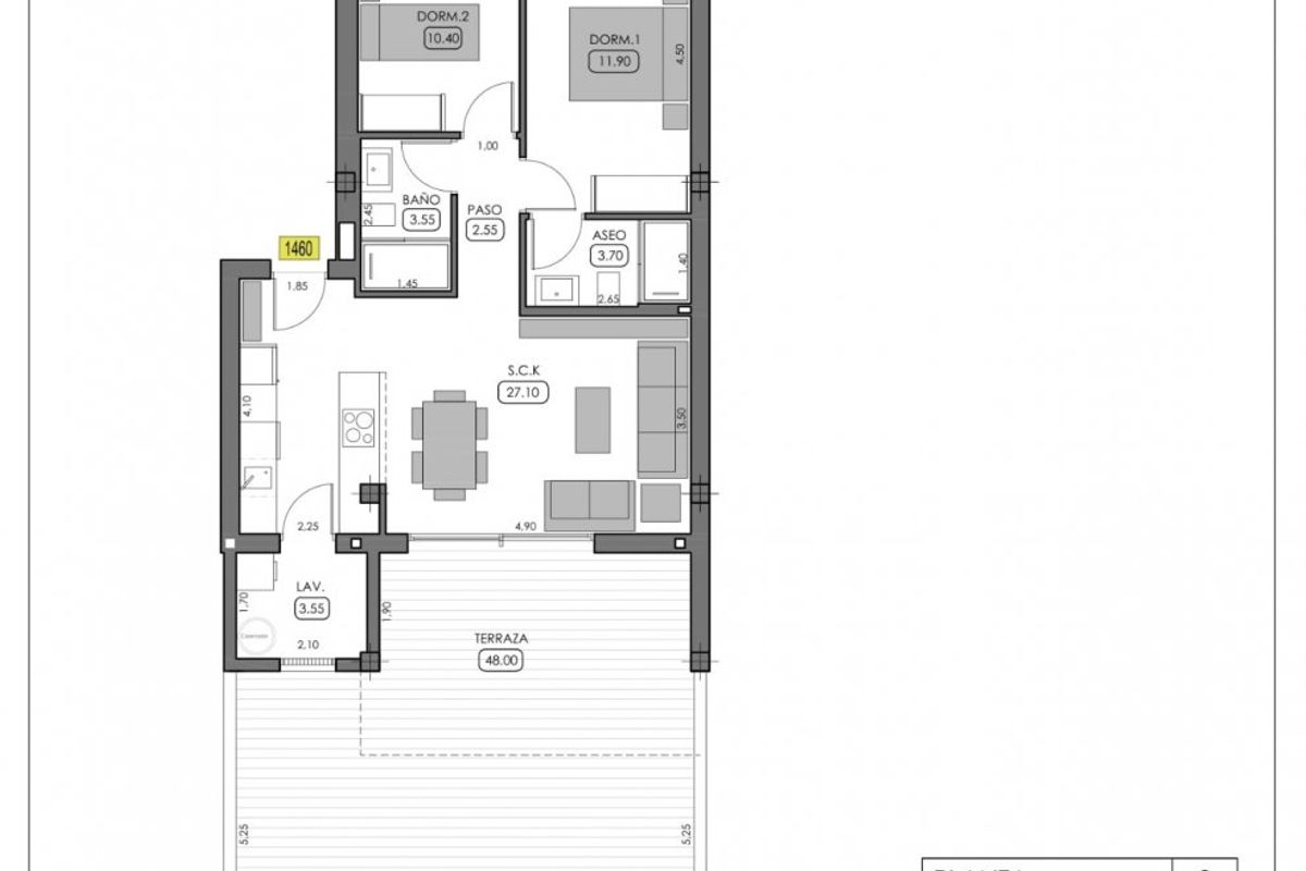 Tweede versie van de indeling van het 2-slaapkamer appartement op de begane grond in Algorfa, met kamers en terras.