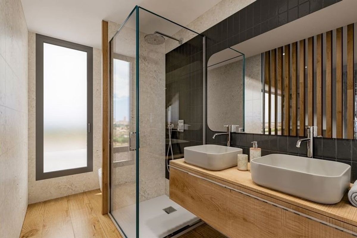 Luxe badkamer met dubbele wastafel en modern ontwerp in een 3-slaapkamer villa in Finestrat, Costa Blanca.