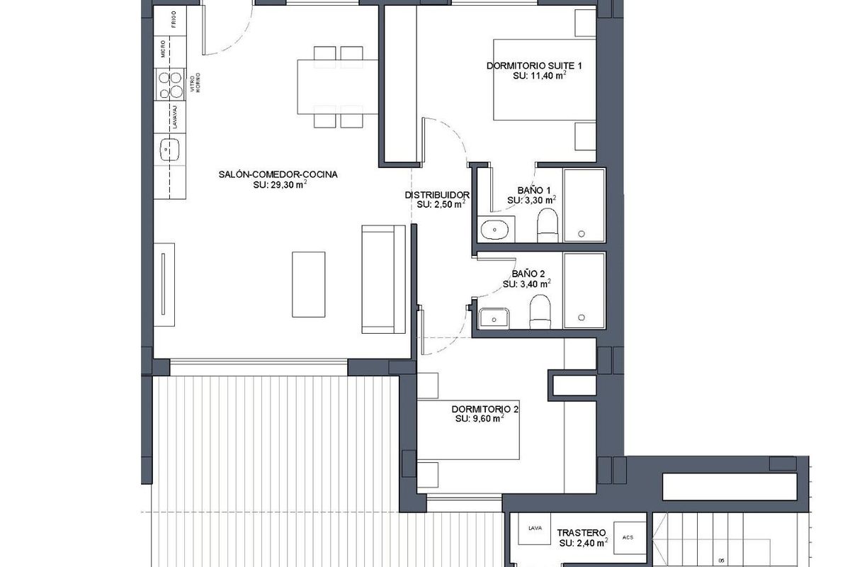 Plattegrond van een 2-slaapkamer penthouse in Benijofar, met ruime kamers en ideale woonruimtes.
