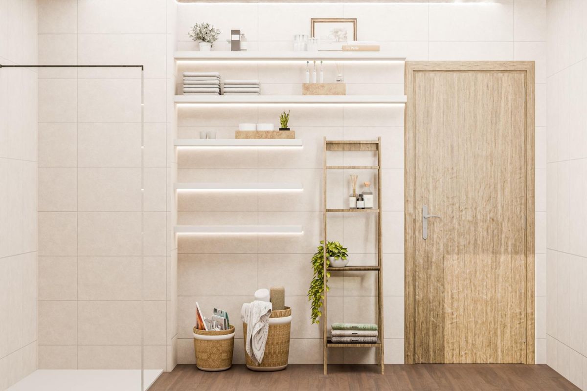Neatly organized bathroom with shelves and modern fixtures, in a stylish 3-bed villa in Pinoso, Costa Blanca.