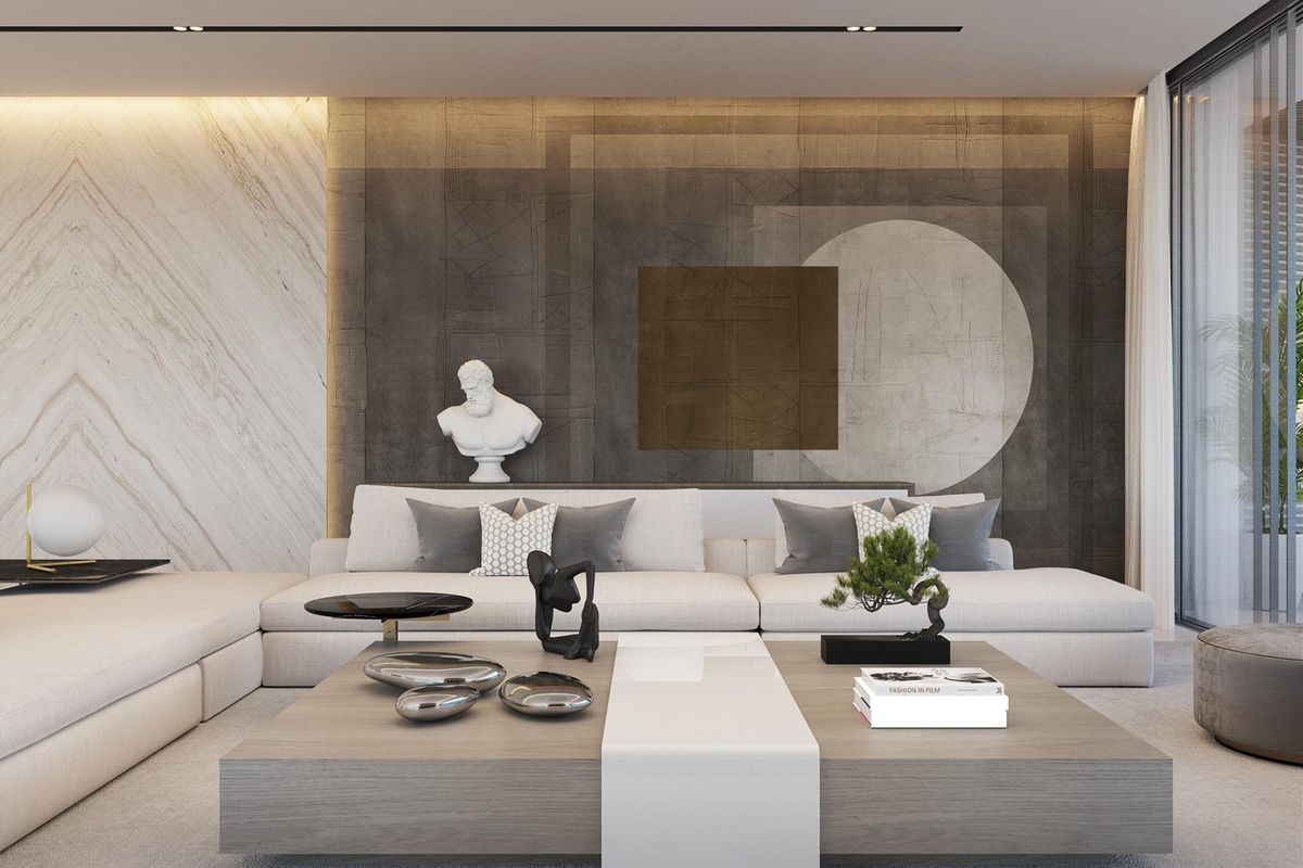 Elegante woonkamer met moderne meubels en artistieke decoratie in een 4-slaapkamer villa in Benahavís.