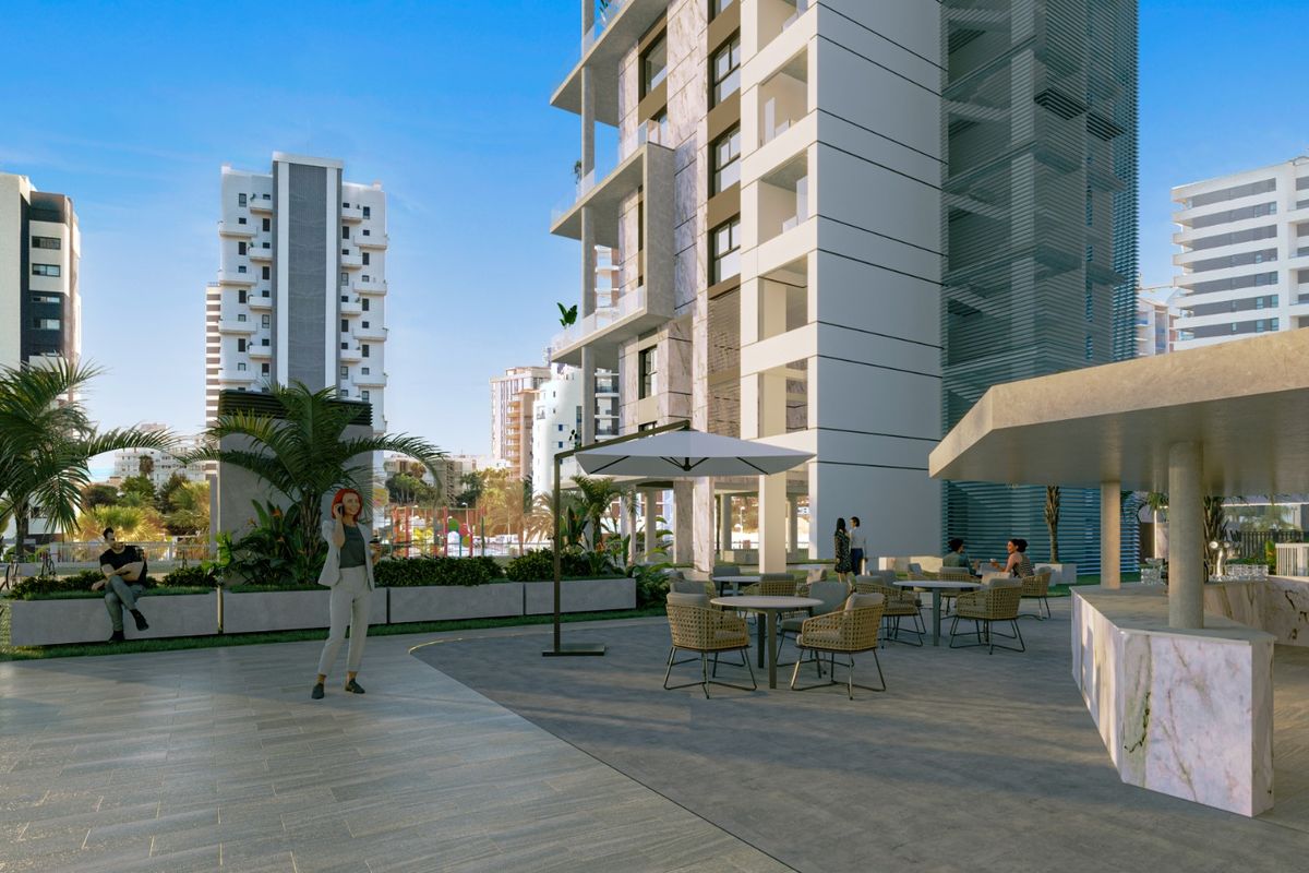 Sociale ruimte buiten Comporosso Towers, ontworpen voor samenkomst in Calpe, Costa Blanca.