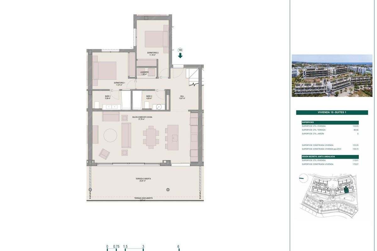 Indeling van een 3-slaapkamer penthouse in Estepona, met de indeling en kamerverdeling.