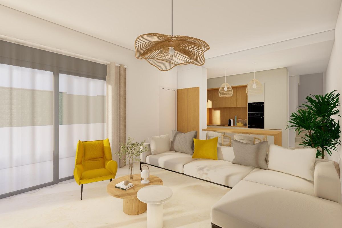 Ruime woonkamer met uitzicht op de moderne keuken in een 3-slaapkamerwoning, Santiago de la Ribera.