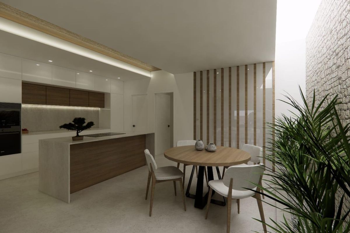 Moderne keuken en eetruimte in het 1-slaapkamer appartement in Catral, met elegante meubels en verlichting.