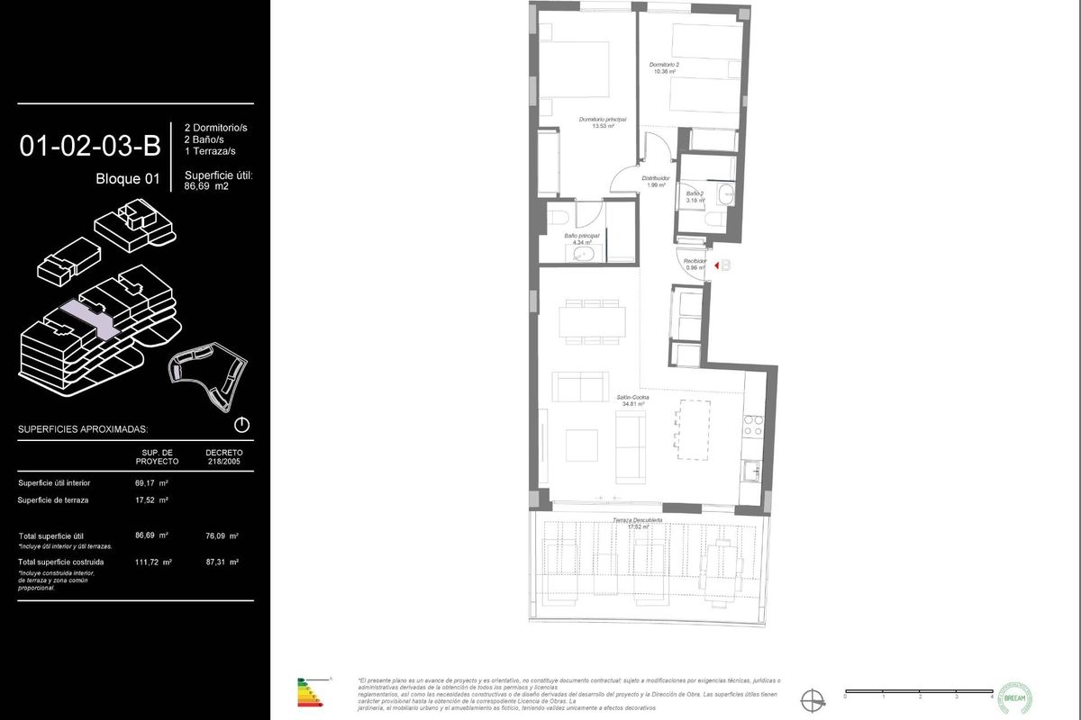 Plattegrond van een 2-slaapkamer penthouse in Mijas, Costa del Sol, met weergave van indeling en ruimteverdeling.
