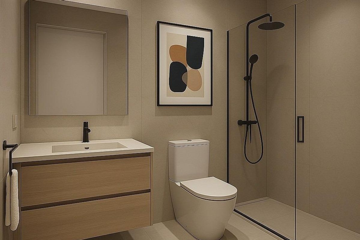 Moderne badkamer met inloopdouche en wastafel in een herenhuis in Mijas, Costa del Sol.