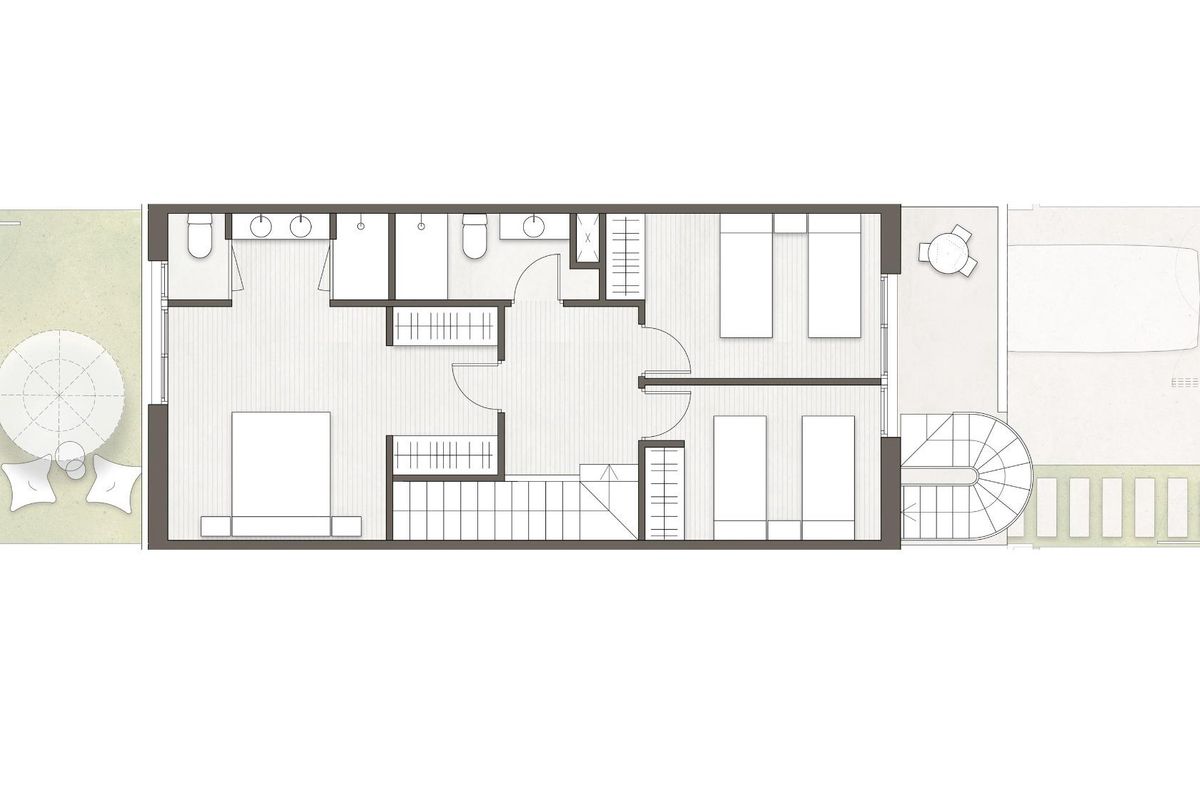 Bovenste plattegrond van een 3-slaapkamer townhouse in Pilar de La Horadada, met goed ontworpen slaapkamers en badkamers.
