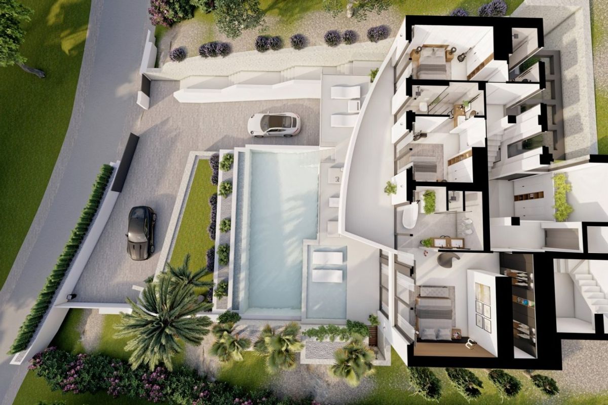 Gedetailleerd luchtview van de villa lay-out met zwembad en tuinen in Altea.