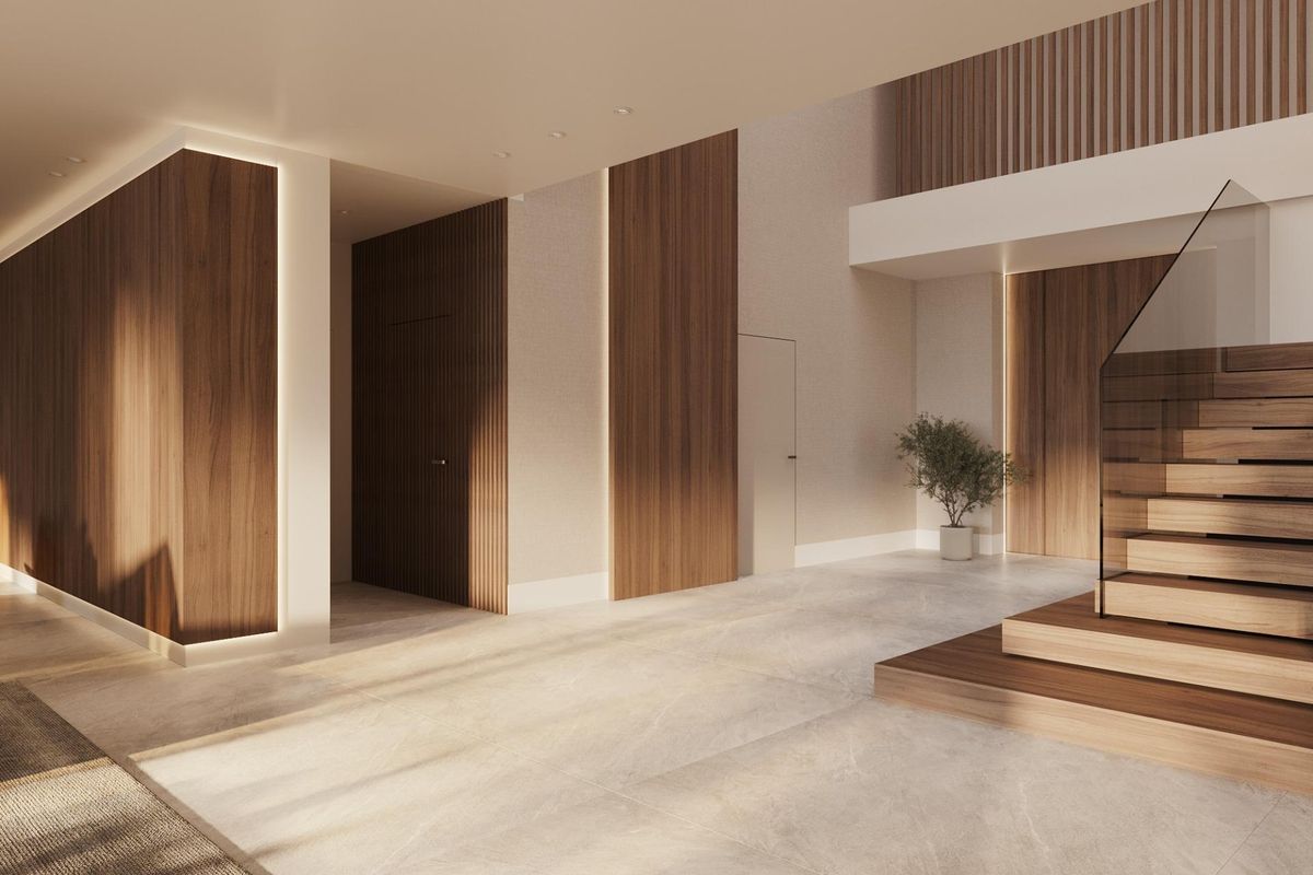 Heldere gang die moderne ontwerpelementen laat zien in een 5-slaapkamer villa, ideaal gelegen in Benahavís, Costa del Sol.