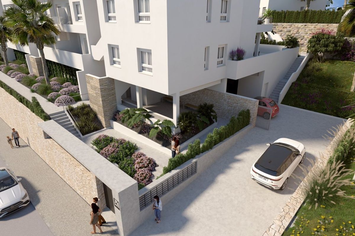 Grondzicht van de aangelegde entree en parkeergebied van townhouses in Algorfa, Costa Blanca Zuid.