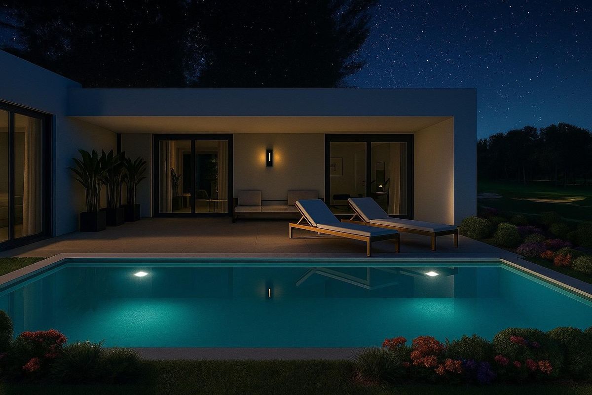 Nachtzicht op een villa terras en zwembad in Hondón de las Nieves, verlicht onder een sterrenlucht.