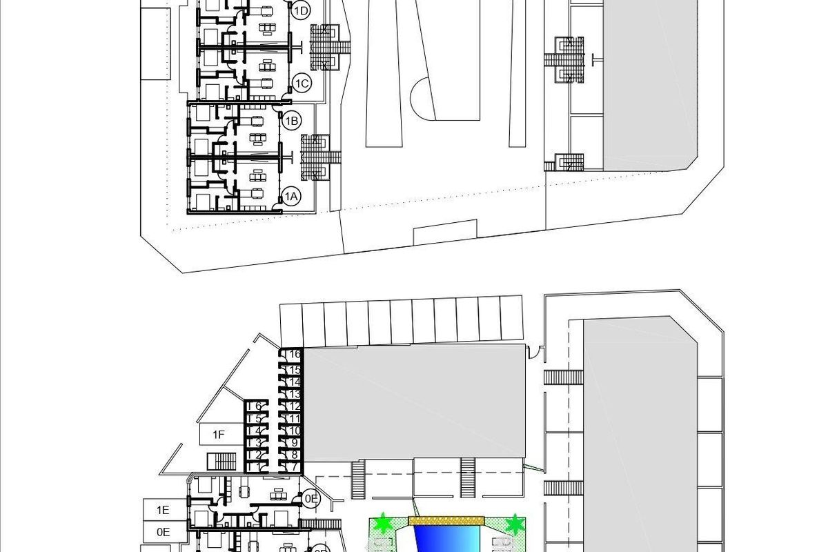 Indelingsplan voor de wooncommunity in Torre Pacheco, met faciliteiten en parkeerplaatsen.