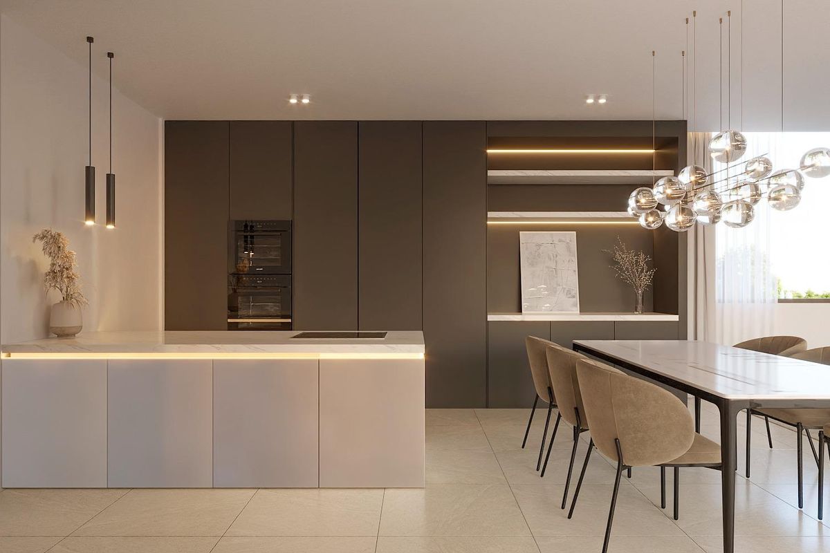 Hedendaagse keuken in de penthouse, ontworpen in een minimalistische stijl met hoogwaardige apparaten in La Nucia.