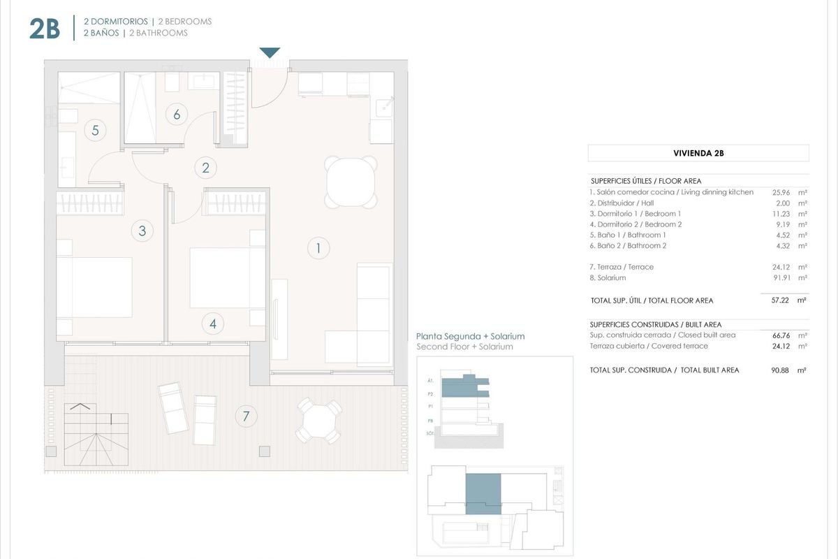 Plattegrond van de 2-slaapkamer penthouse in Benijofar, met details van de indeling en afmetingen.
