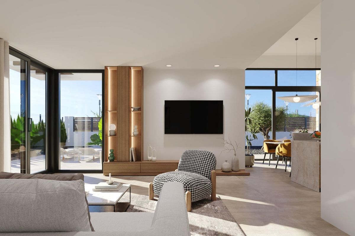 Gezellige woonkamer met natuurlijk licht en moderne decoratie in een 3-slaapkamer villa in Fuente Álamo.