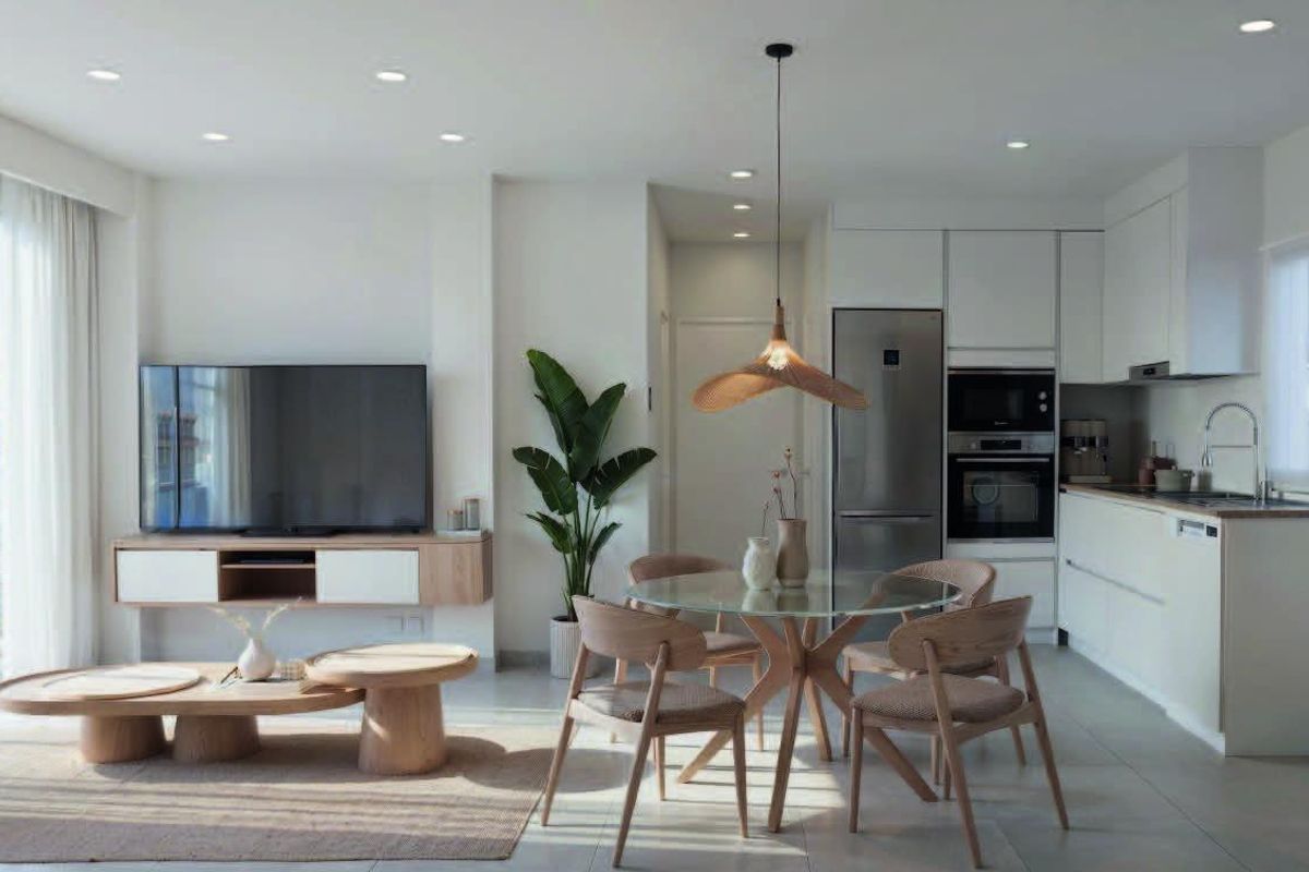 Heldere woonkamer met een eetkamertafel en grote ramen in het appartement met één slaapkamer, Torrevieja.