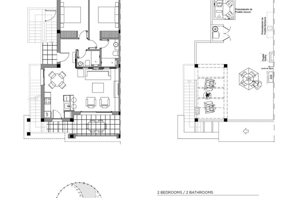 Vloerplan van de twee-slaapkamer bungalow met gedetailleerde indeling in Rojales, Costa Blanca, dat de woonruimte vergroot.