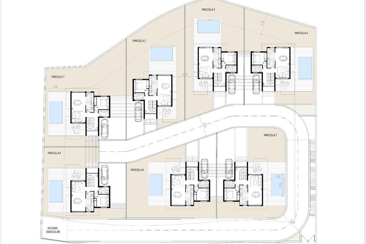 Plattegrond van een villa complex met meerdere eenheden in La Nucia, Costa Blanca Noord.