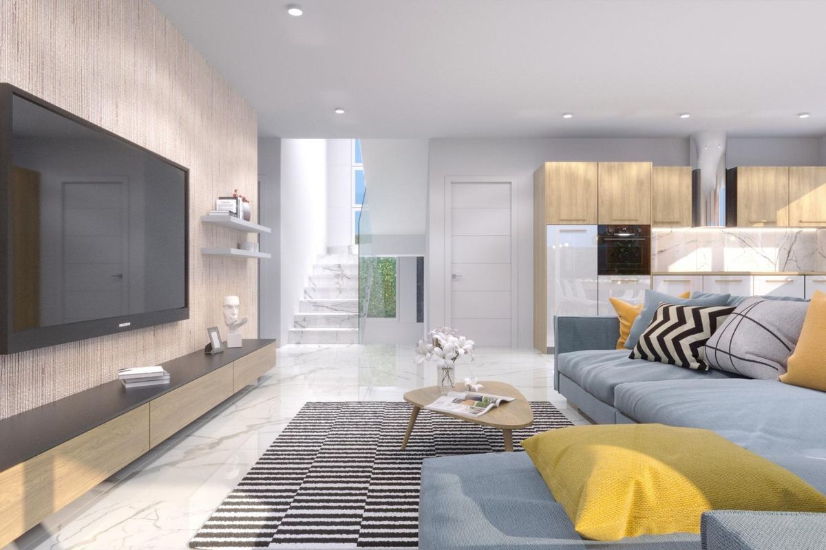 Stijlvolle woonkamer met een bank en moderne decoratie in villa, Ciudad Quesada, Spanje.