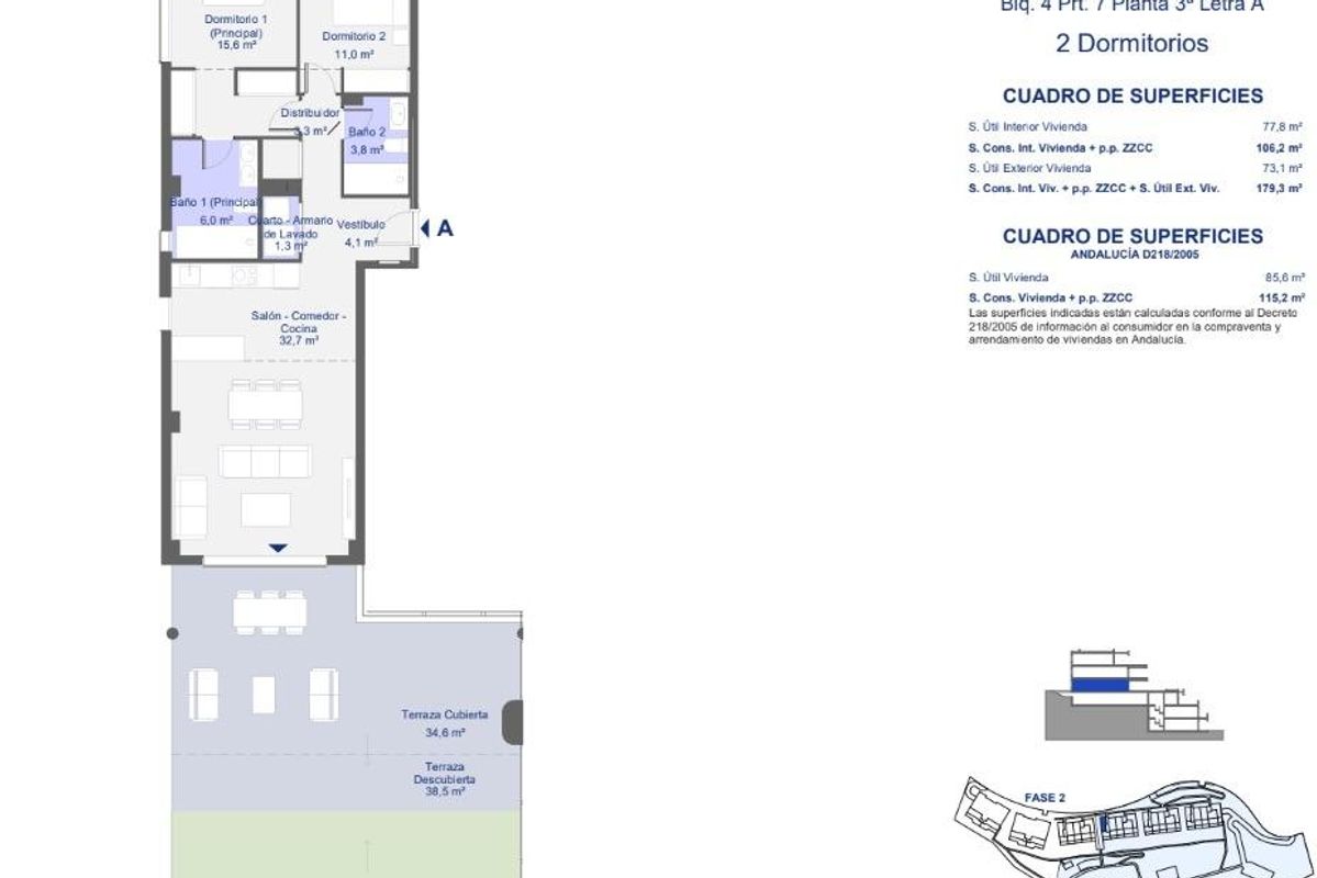 Gedetailleerde plattegrond van een 2-slaapkamer appartement in San Roque, inclusief afmetingen en kamerbeschrijvingen.