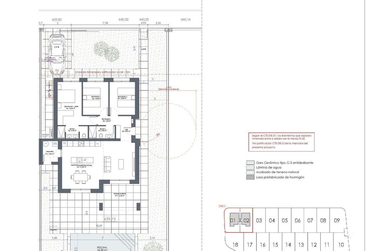 Gedetailleerde plattegrond van een 3-slaapkamer woning in La Romana, Costa Blanca Zuid, toont kamerindelingen.