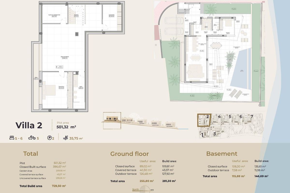 Gedetailleerde plattegrond van een luxe villa met vijf slaapkamers, kelder en buitenruimten in Mijas.