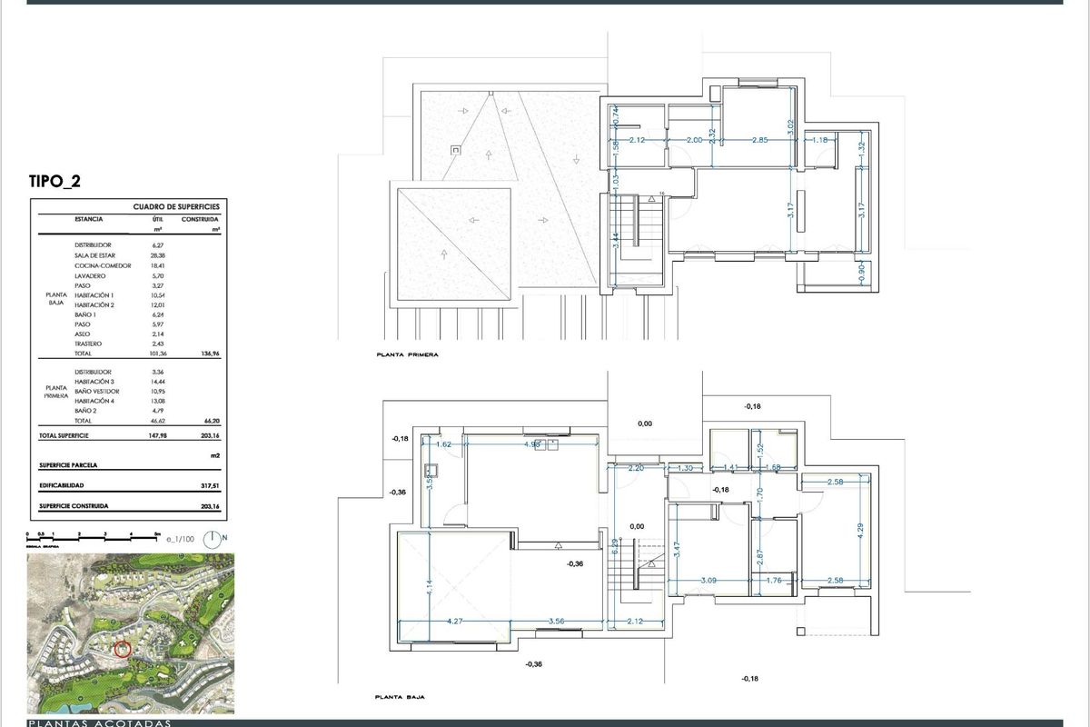 Gedetailleerde plattegrond van een 4-slaapkamer villa in Mojacar, met afmetingen en indeling.