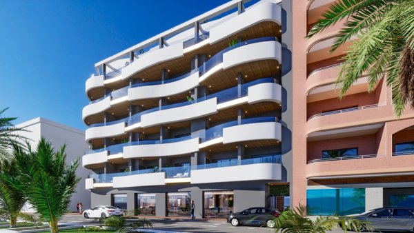 Buitenzicht van een modern drie-slaapkamer appartement in Torrevieja, met stijlvolle lijnen en balkons.