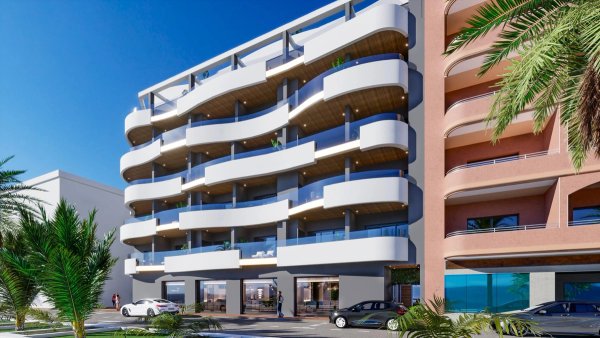 Buitenzicht van een modern drie-slaapkamer appartement in Torrevieja, met stijlvolle lijnen en balkons.