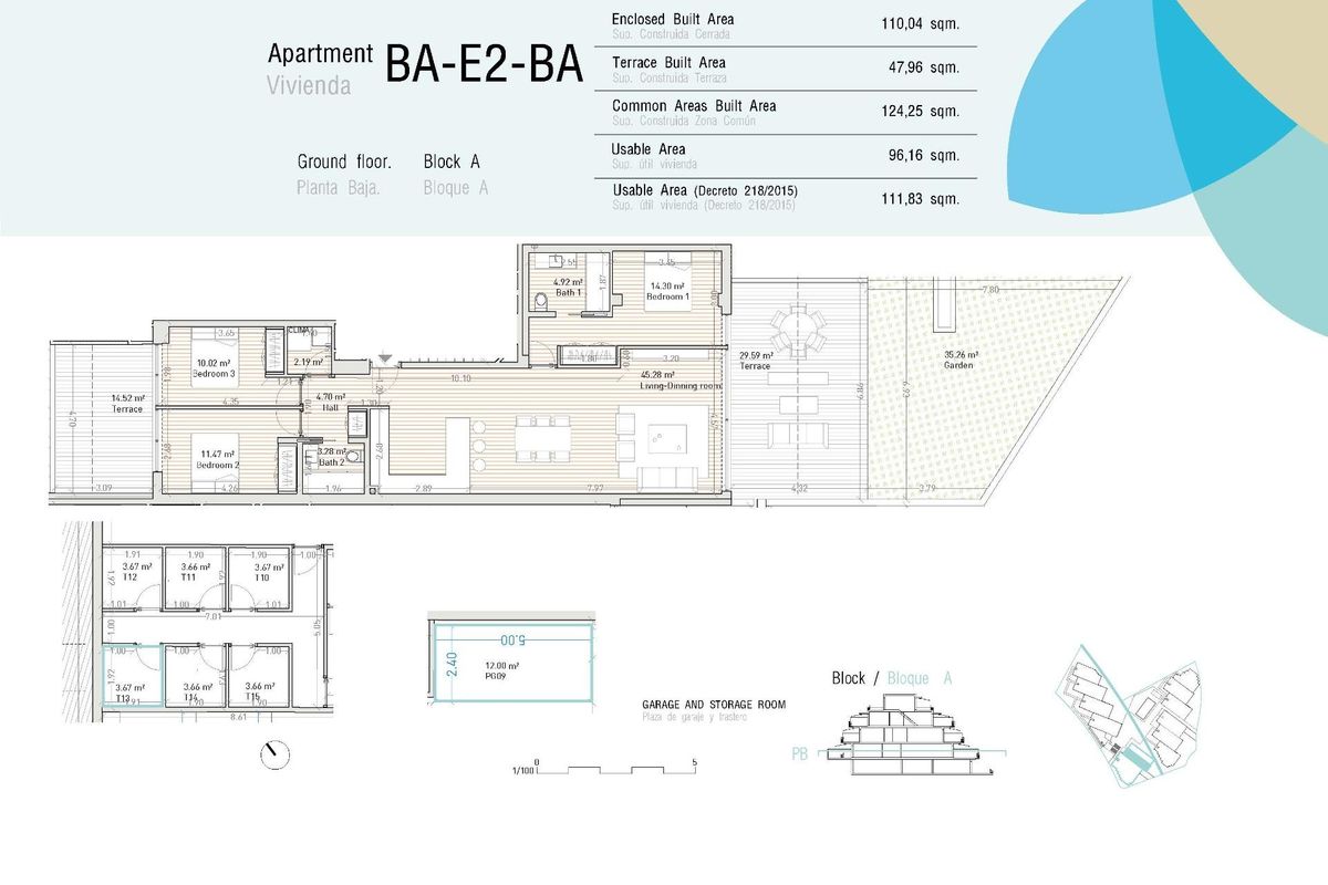 Plattegrond van een 3-slaapkamer appartement op de begane grond in Estepona, met indeling en ruimtegebruik.