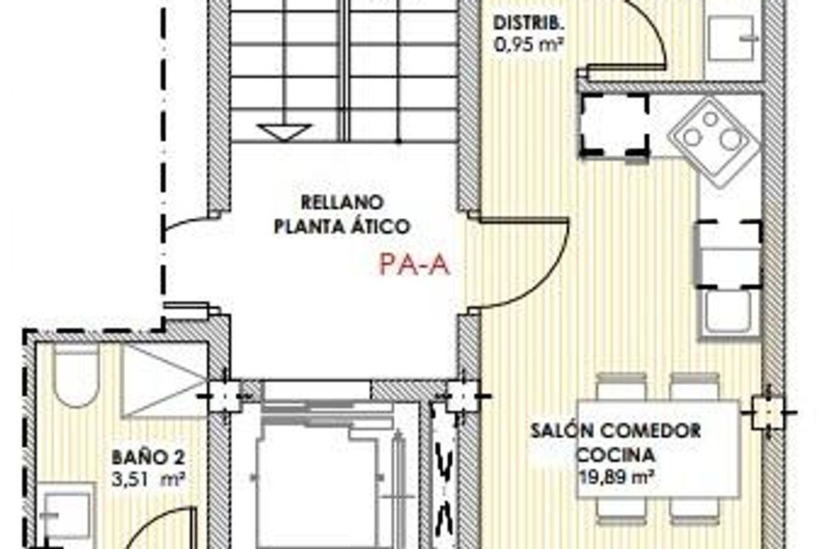 Plattegrond van een 2-slaapkamer penthouse, die de indeling van woonruimtes en slaapkamers in Torrevieja illustreert.