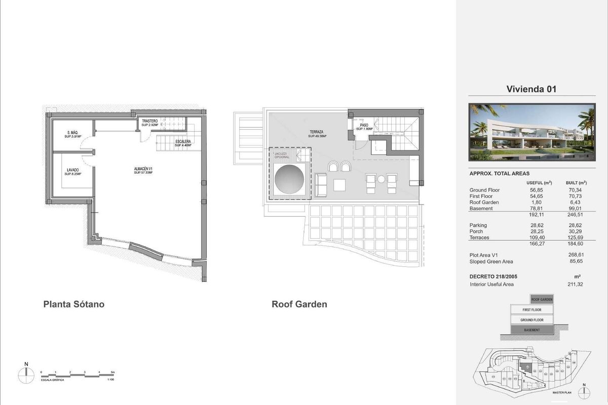 Schema van de daktuin en kelder van een moderne townhouse in Mijas, Costa del Sol, met buitenruimte.