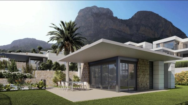 Moderne 3-slaapkamer villa buitenkant met tuin en bergzicht in Polop, Costa Blanca Noord.