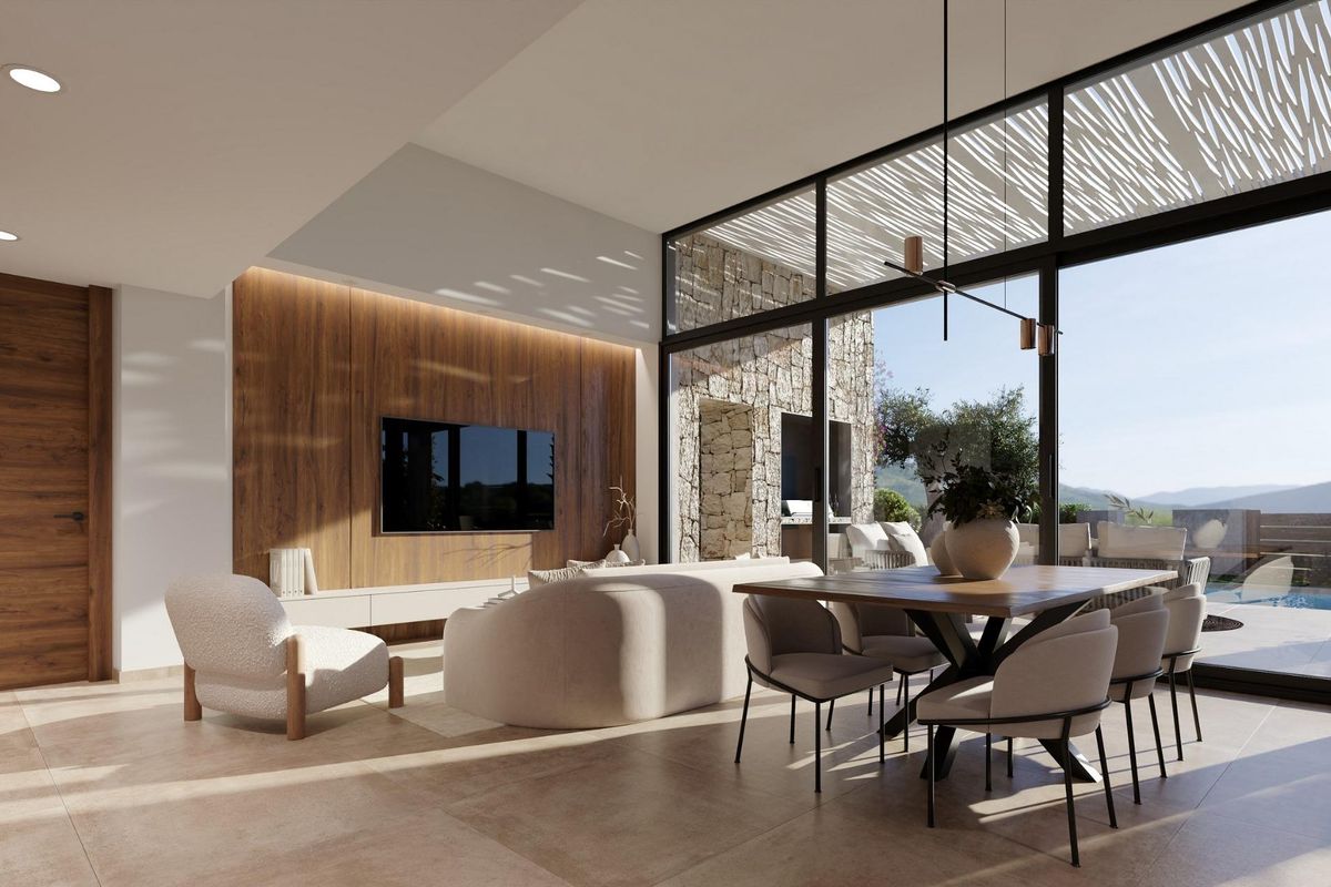 Heldere woonkamer met moderne inrichting in de villa met 3 slaapkamers, met uitzicht op de buitenruimte in Cuevas Del Almanzora.