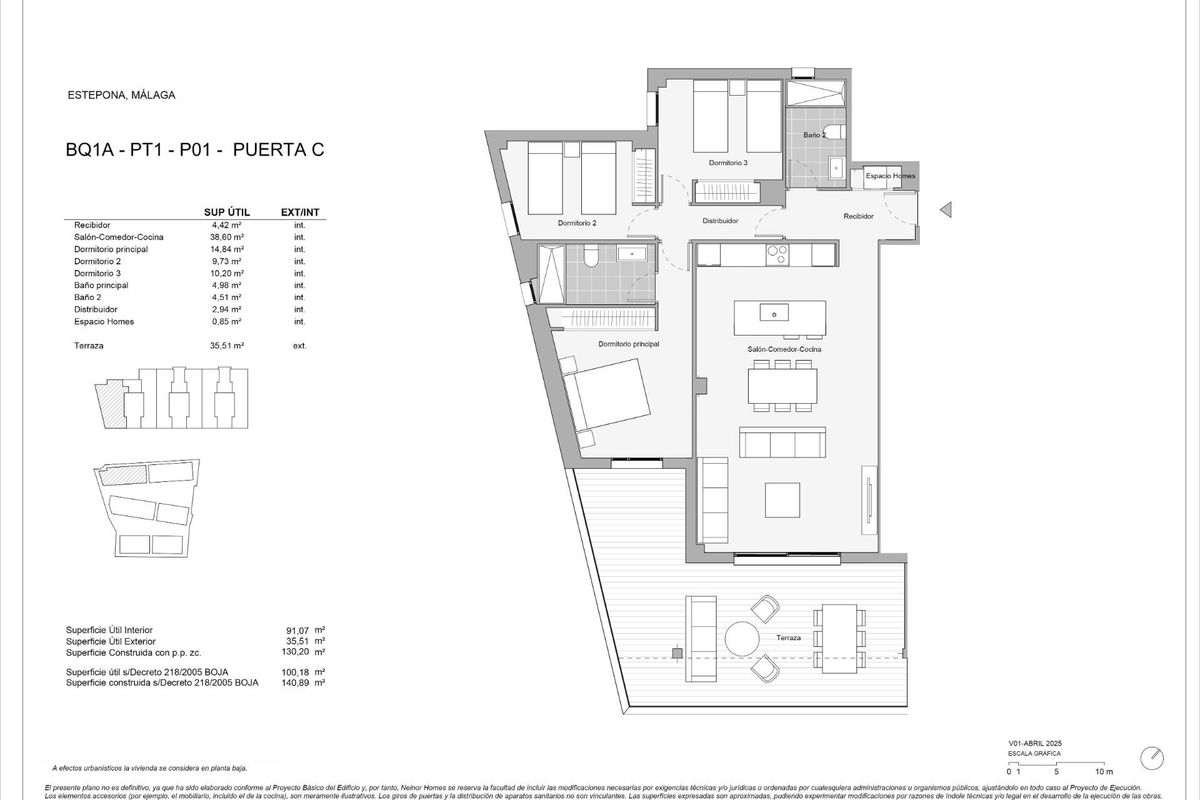 Plattegrond van een 3-slaapkamer appartement in Estepona, Costa del Sol, met indeling en ruimteallocaties.