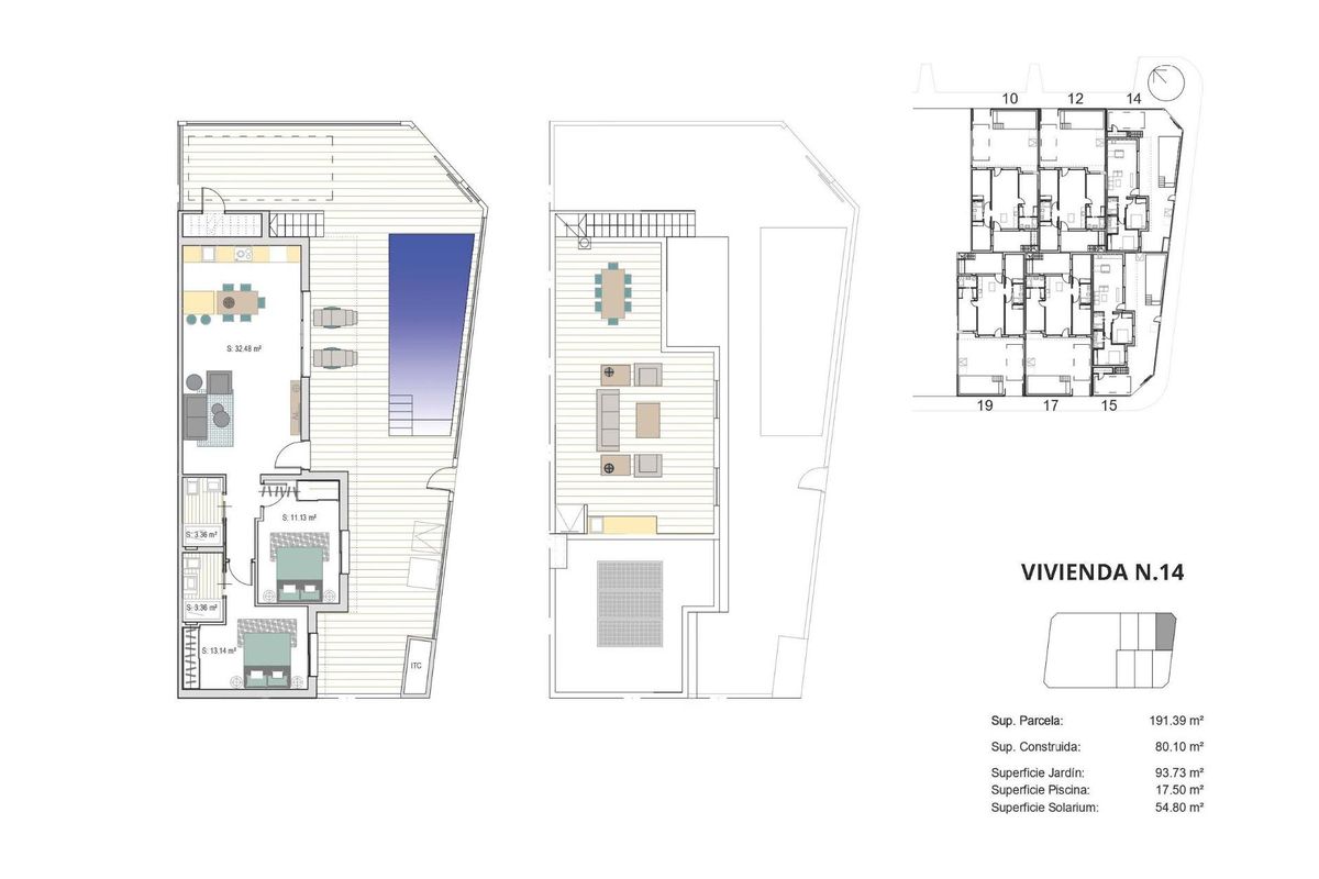 Plattegrond van een twee-slaapkamer townhouse in Torre Pacheco, die indeling en afmetingen duidelijk toont.