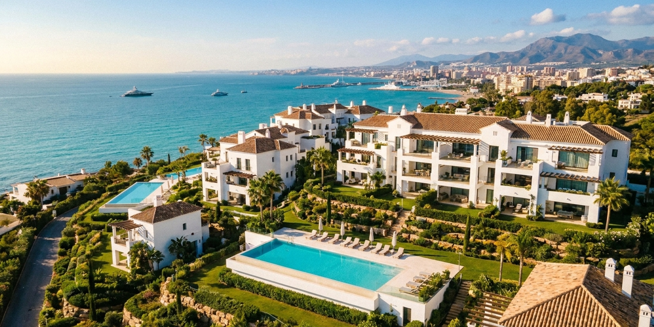 Aerial view of a luxury new build apartment complex on the coast of Malaga