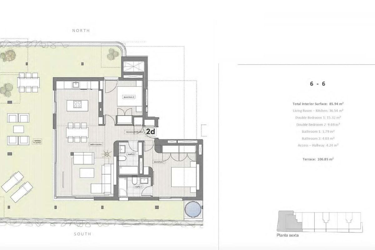 Gedetailleerde plattegrond van een 2-slaapkamer penthouse in Estepona, met ruime woonruimtes en terrassen.