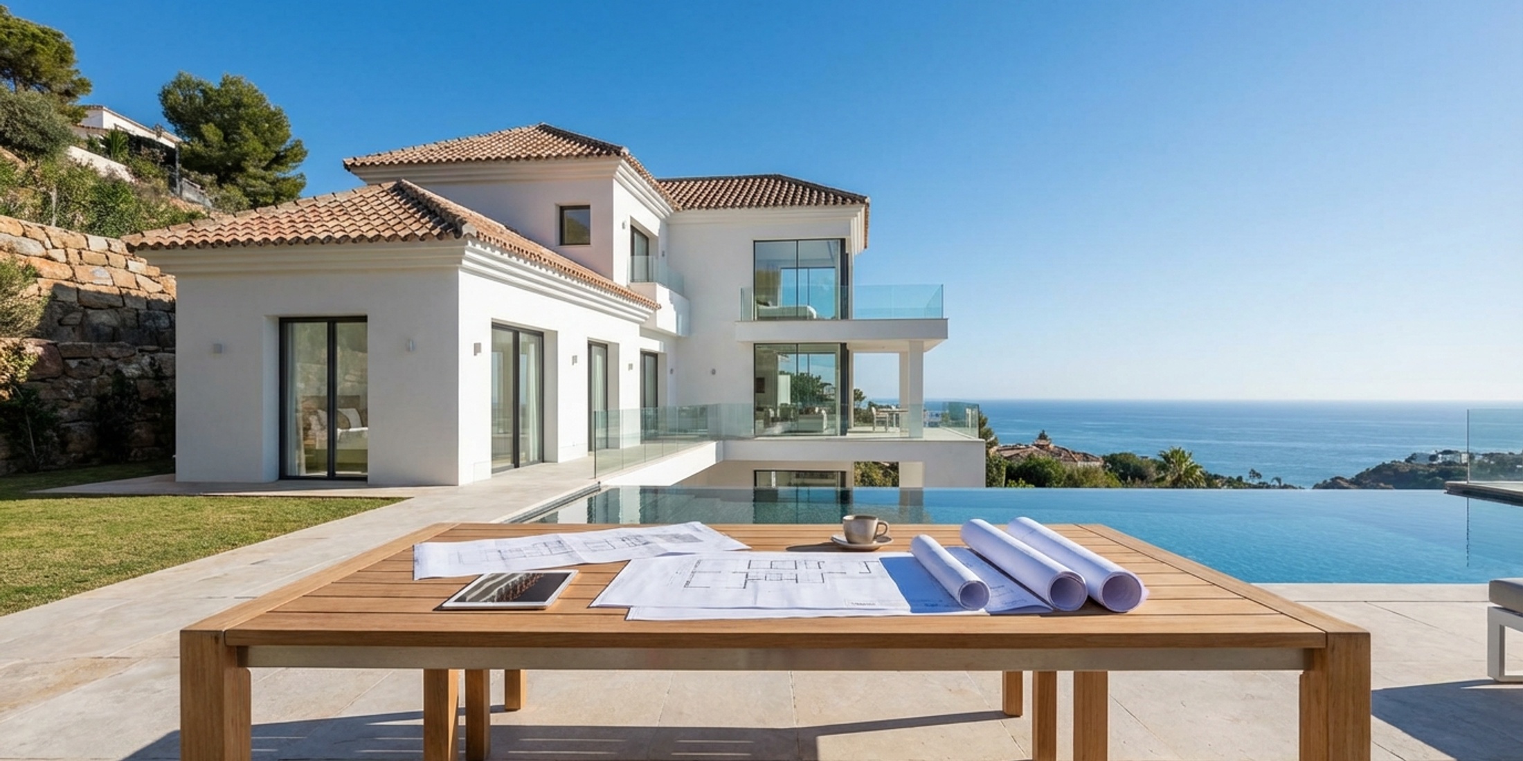 Moderne villa in Spanje met documenten op een tafel